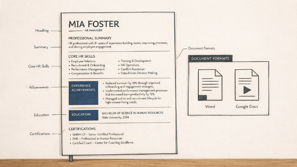 Diagram of an HR manager resume layout with headline, skills, experience, education, certifications, and editable document formats