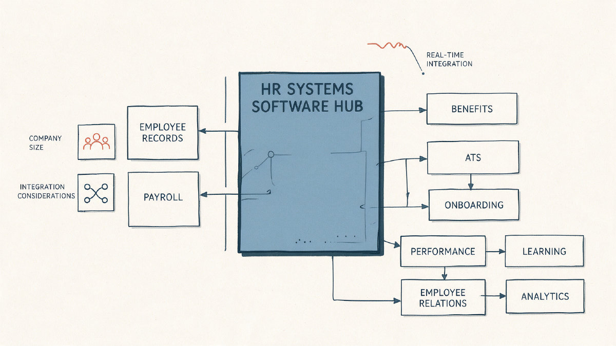 Diagram showing a central HR systems software hub connected to HR modules and buying considerations
