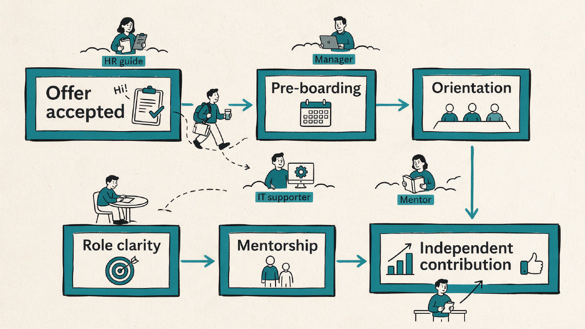 Diagram showing employee onboarding stages from offer acceptance through independent contribution