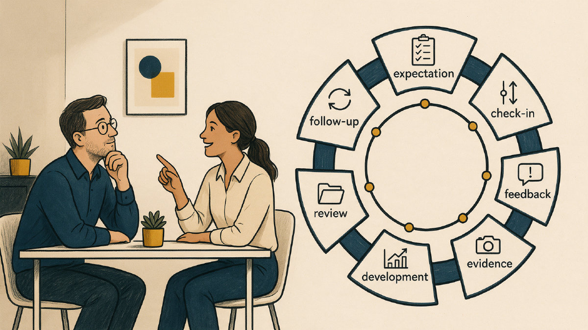 Manager and employee reviewing a continuous performance management cycle diagram